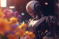 A human like AI robot collects flowers. The robotic object experiences feelings and emotions. The concept of technology
