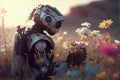 A human like AI robot collects flowers. The robotic object experiences feelings and emotions. The concept of technology