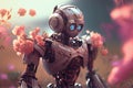 A human like AI robot collects flowers. The robotic object experiences feelings and emotions. The concept of technology