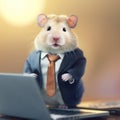 Human-like hamster wearing business suit working on a laptop on office desk. Generative AI realistic illustration