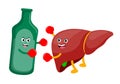 Human liver cartoon character fighing with alcohol drink. Royalty Free Stock Photo