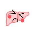 Human liver with cute face in sick, sad and pain grimace, medical icon on white