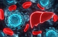 Human liver with hepatitis viruses and blood cells Royalty Free Stock Photo