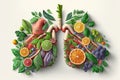 Human lungs made of vegetables and fruits on white background. Generative AI