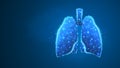 Human Lungs. Organ anatomy, biological air filter, healthy body concept. Polygonal image on blue neon background. Low poly,