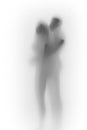 Diffuse body silhouette of a lover couple together behind a white curtain or glass surface. Royalty Free Stock Photo