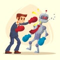 Human male man character win better robot. Vector flat cartoon illustration Royalty Free Stock Photo