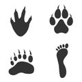 Human and mammals - footprints silhouettes set isolated on white background