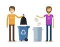 Human, man throws rubbish in garbage bin. Volunteering people, ecology, environment concept. Flat characters vector