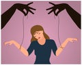 Human manipulation concept. Hands hold a woman by the threads. Illustration vector