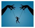 Human manipulation concept. Hands and a man on strings. The concept of psychological violence in the family and at work. Poster
