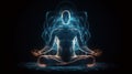 Human meditate in lotus pose with blue energy flow through his body. Transcendental yoga or prayer. Generative AI Royalty Free Stock Photo