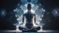 Human meditate in lotus pose with blue energy flow through his body. Transcendental yoga or prayer. Generative AI