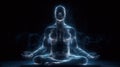 Human meditate in lotus pose with blue energy flow through his body. Transcendental yoga or prayer. Generative AI Royalty Free Stock Photo