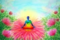 Human meditate mind mental health yoga art meditation chakra spiritual healing watercolor painting illustration design in blooming Royalty Free Stock Photo