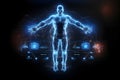 human mesh line flying on HUD design technology background with hologram blue neon color, Generated AI Royalty Free Stock Photo