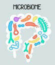 Human microbiome illustration with intestines and bacteria Vector picture. Gastroenterologist. Bifidobacteria