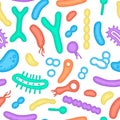 The human microbiome is a seamless pattern. Vector image. Bifidobacteria, lactobacilli. Lactic acid bacteria
