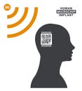 Human microchip implant. Vector concept of connecting human brain to the Internet. Silhouette of a man with a CPU and qr code in