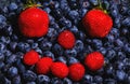 Human mimic shape made by red strawberries and blue blueberries. Healthy and fresh breakfast with berries assortment. Colorful Royalty Free Stock Photo