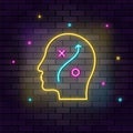 Human mind, head, planing, multicolor neon icon on dark brick wall