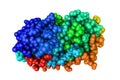 Space-filling molecular model of human mitogen activated protein kinase 11 in complex with nilotinib. Rendering based on