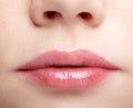 Closeup macro portrait of female part of face. Human woman lips with day beauty makeup Royalty Free Stock Photo