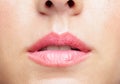 Closeup macro portrait of female part of face. Human woman lips with day beauty makeup Royalty Free Stock Photo