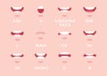 Human mouth set. Lip sync collection for animation and sound pronunciation. Character face elements. Emotions: smiling, screaming