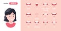 Human mouth set. Woman lip sync collection for animation and sound pronunciation. Character face elements. Emotions: smiling,