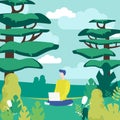 Human and nature flat vector illustration. Outing, outdoor leisure, relaxation. Young man with laptop sitting on meadow Royalty Free Stock Photo