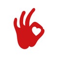 Human okay hand sign with heart template for Valentine`s day greeting cards