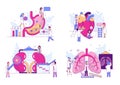 Human organs deseases, sick people heart, lungs, kidney and stomach anatomy vector illustration set. Royalty Free Stock Photo