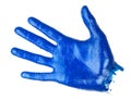 Human palm covered blue oil paint