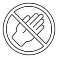 Human palm hand ban thin line icon, prohibited elements concept. Vector graphics. Hand touch, touching forbidden sign on