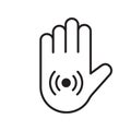 Human palm with RFID signal. Hand with chip implant icon. Linear template for electronic technology logo. Black simple