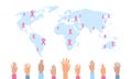 Human palms breast cancer international day concept mix race hands disease awareness prevention pink ribbon world map