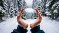 Human palms holding a large glass transparent ball in which the winter snowy forest is reflected