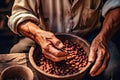 a human person hands holding coffee beans Royalty Free Stock Photo