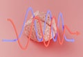 Human pink brain model and red blue curved arrows on pink background Royalty Free Stock Photo