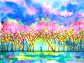 Human in pink cherry blossom forest spring season watercolor painting illustration hand drawn design Royalty Free Stock Photo