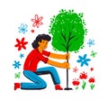 Human planting tree. Environment care, ecological issues, saving nature and day of Earth concept. Cartoon flat vector Royalty Free Stock Photo