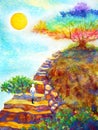 Human powerful energy stand on rock stair to colorful tree blue sky watercolor painting illustration design hand drawn Royalty Free Stock Photo