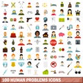 100 human problems icons set, flat style