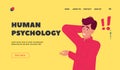 Human Psychology Landing Page Template. Thoughtful Puzzled Man Stand with Exclamation Marks above Head