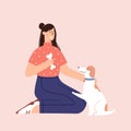 Human and puppy friendship flat cartoon illustration in vector. Royalty Free Stock Photo