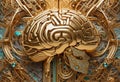 Human realistic Brain golden sculpture. Close Up elements time and intelligence unique