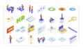 Human resource management isometric icon set. Hiring, job interview with candidate, resume, staff training, vector. Royalty Free Stock Photo