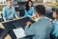 Human resource team talking to a candidate during a job interview in modern office Royalty Free Stock Photo