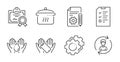 Human resources, Certificate and Wash hands icons set. Settings gears, Interview and Boiling pan signs. Vector